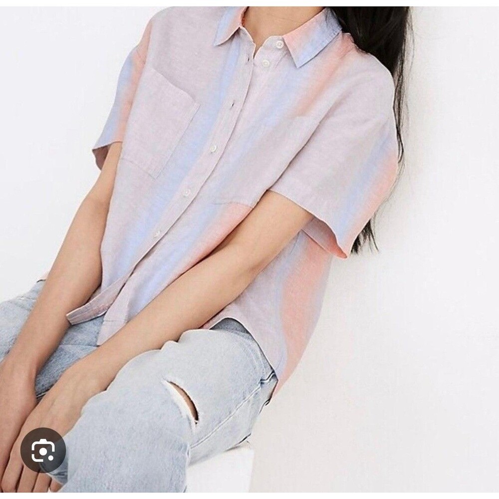 Madewell Women's M Linen Beachside Ombre Stripe Button Up Shirt Coastal G